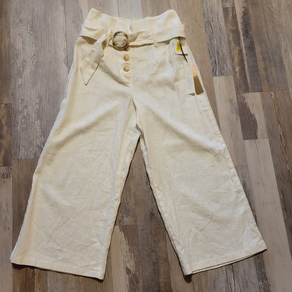 NWT June & Hudson Women's Ivory Belted Wide Leg Linen Crop Pants Sz S